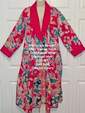 Victoria's Secret wrap front Gold Label 80's robe, Quilted trim, M/L, Self belt